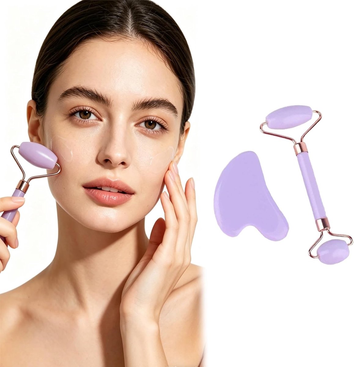 Gezichtsmassageset met Gua Sha en gezichtsroller, paars, voor huidverzorging, lymfedrainage en ontspanning (2 stuks)