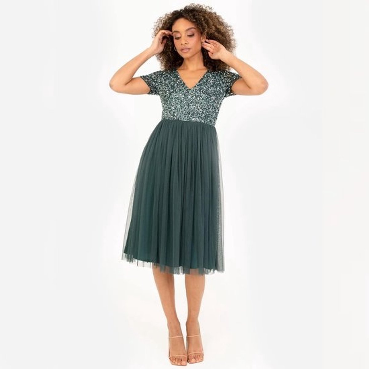 Midi-jurk met V-hals en glitter lijfje, tule rok, korte mouwen, gevoerd voor bruidsjuffrouwen en avondgelegenheden