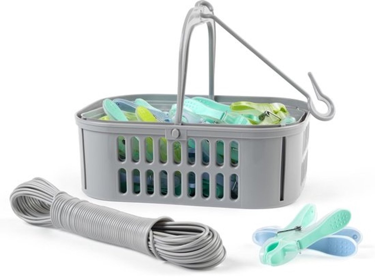 Waslijn Set - Kledinghanger Mand - Buiten Drogen - Inklapbare Mand - 20 Meter - Grijs