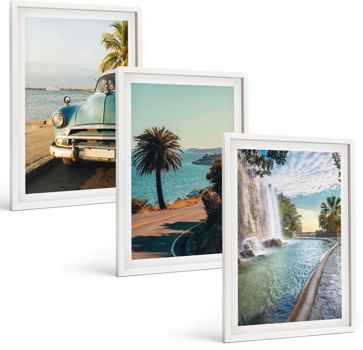 Wallfluent 3-Delige Schilderij Set - Vakantielandschappen Met Palmbomen En Een Waterval - 40 x 60 - Muurdecoratie - Interieur Decoratie