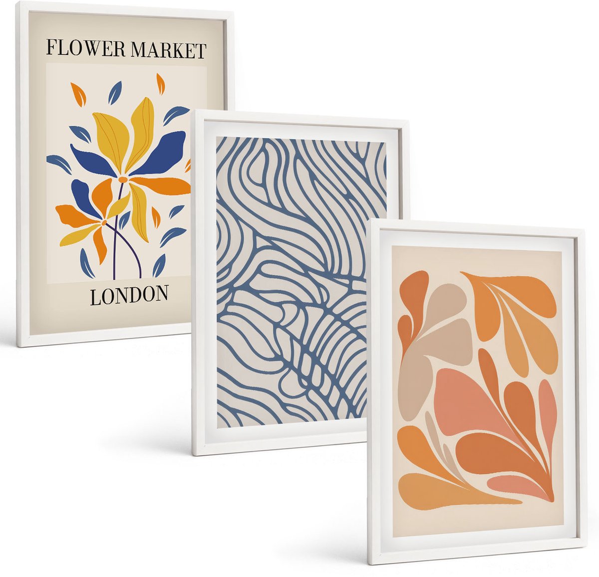 Wallfluent 3-Delige Schilderij Set - Moderne Bloemen Met Abstracte Patronen - 40 x 60 - Decoratieve Schilderijen - Wanddecoratie - Hal