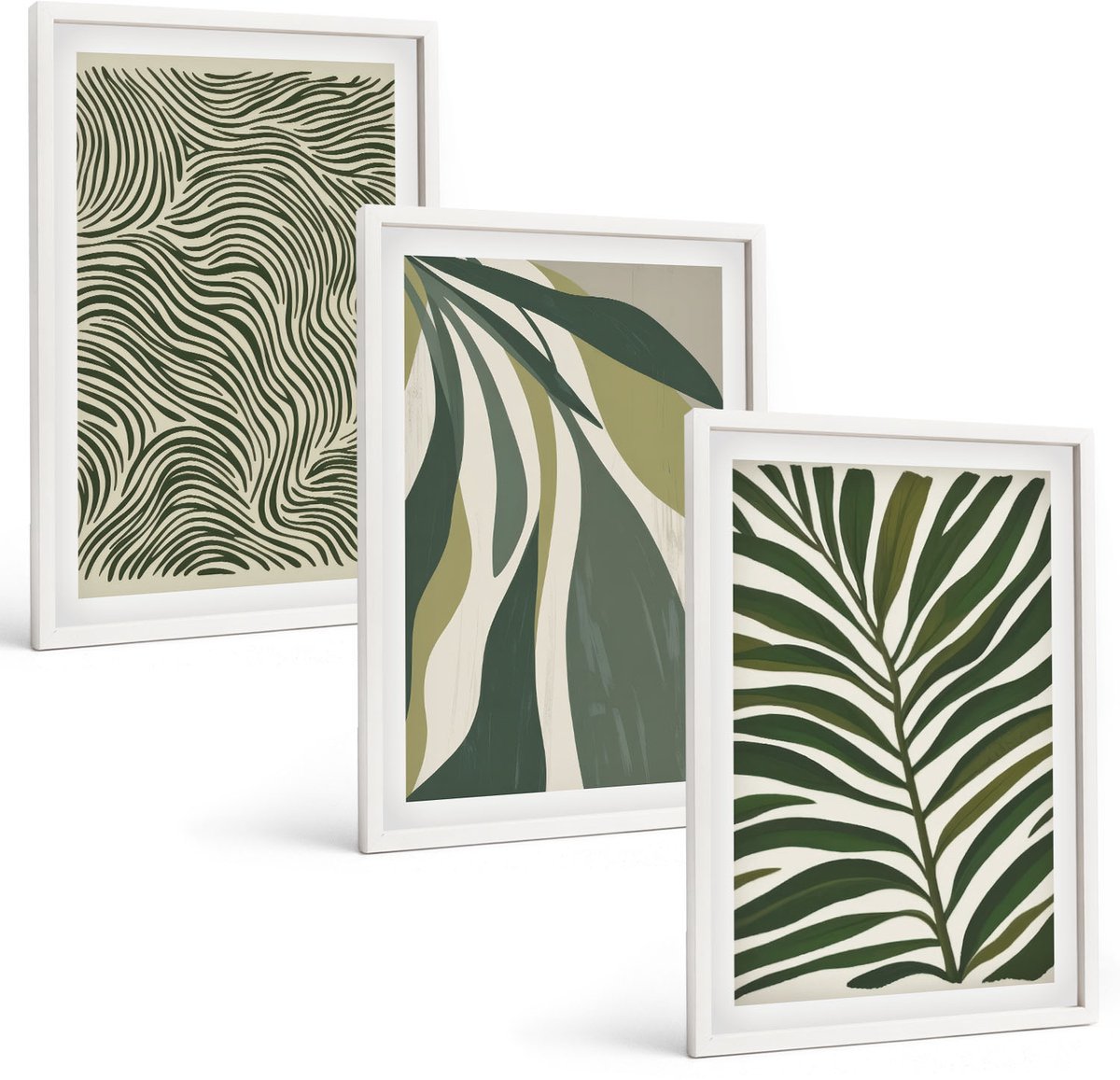 Wallfluent 3-Delige Schilderij Set - Bladpatronen En Golvende Lijnen In Groene Tinten - 40 x 60 - Wanddecoratie - Schilderijen Set - Kantoor - Interieur Decoratie