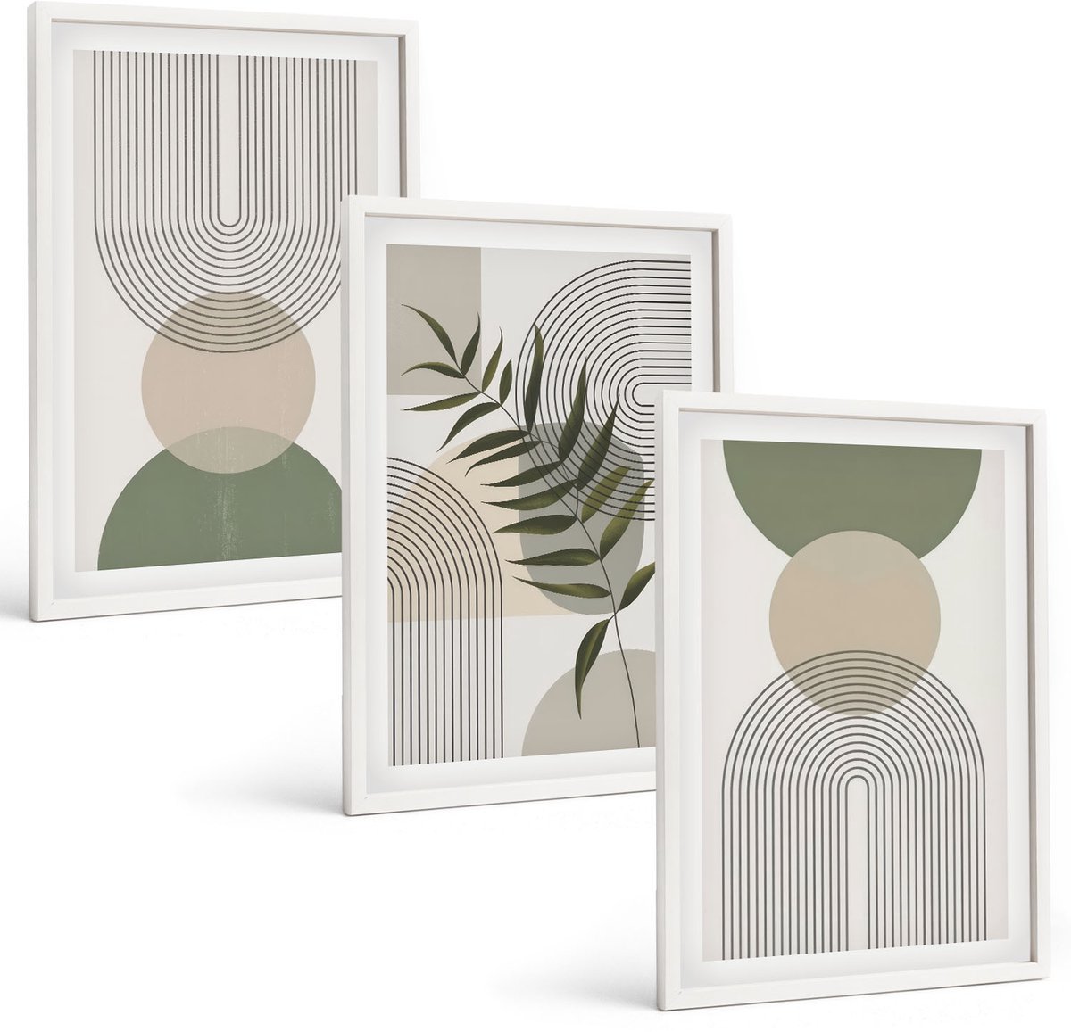Wallfluent 3-Delige Schilderij Set - Abstracte Vormen In Tinten Groen En Beige - 40 x 60 - Stijlvolle Muurdecoratie - Kantoor - Woonkamer Decoratie