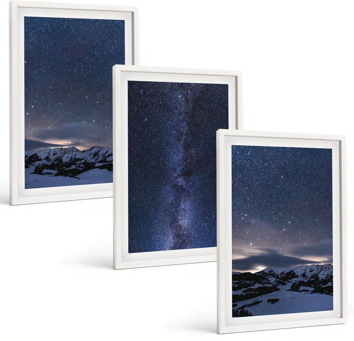 Wallfluent 3-Delige Schilderij Set - Nachtelijke Hemel Met Sterren En Berglandschap - 40 x 60 - Muurdecoratie - Wanddecoratie - Slaapkamer - Decoratieve Schilderijen