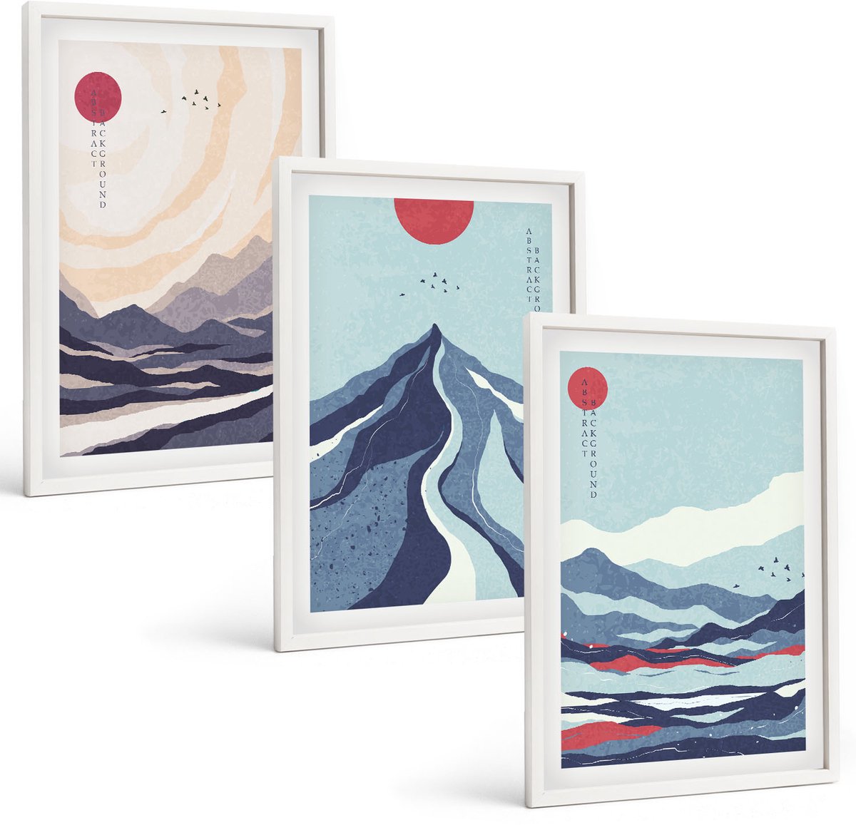 Wallfluent 3-Delige Schilderij Set - Abstracte Berglandschappen In Japanse Stijl - 40 x 60 - Moderne Wanddecoratie - Woonkamer - Decoratieve Schilderijen