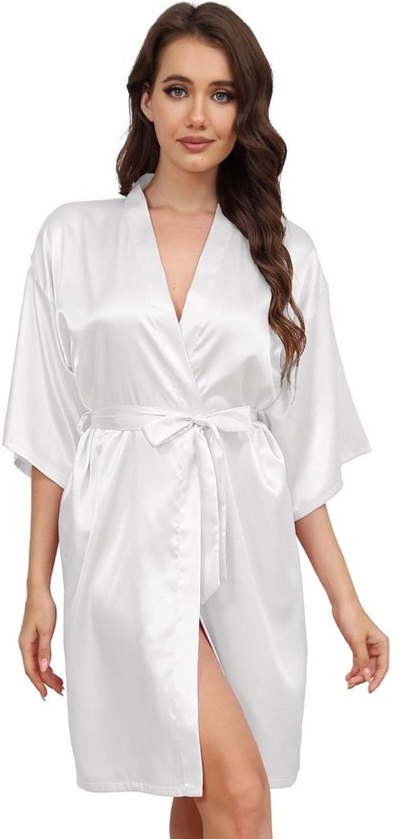 Korte Satijnen Kimono voor Dames - Lichte Badjas met V-Hals en Strikceintuur