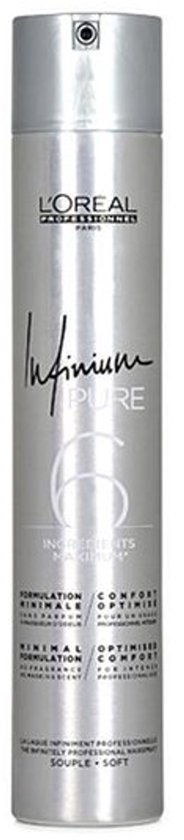 L'Oréal Professionnel Infinium Pure haarspray met zachte fixatie. Zilveren spuitbus met zwarte en witte tekst.