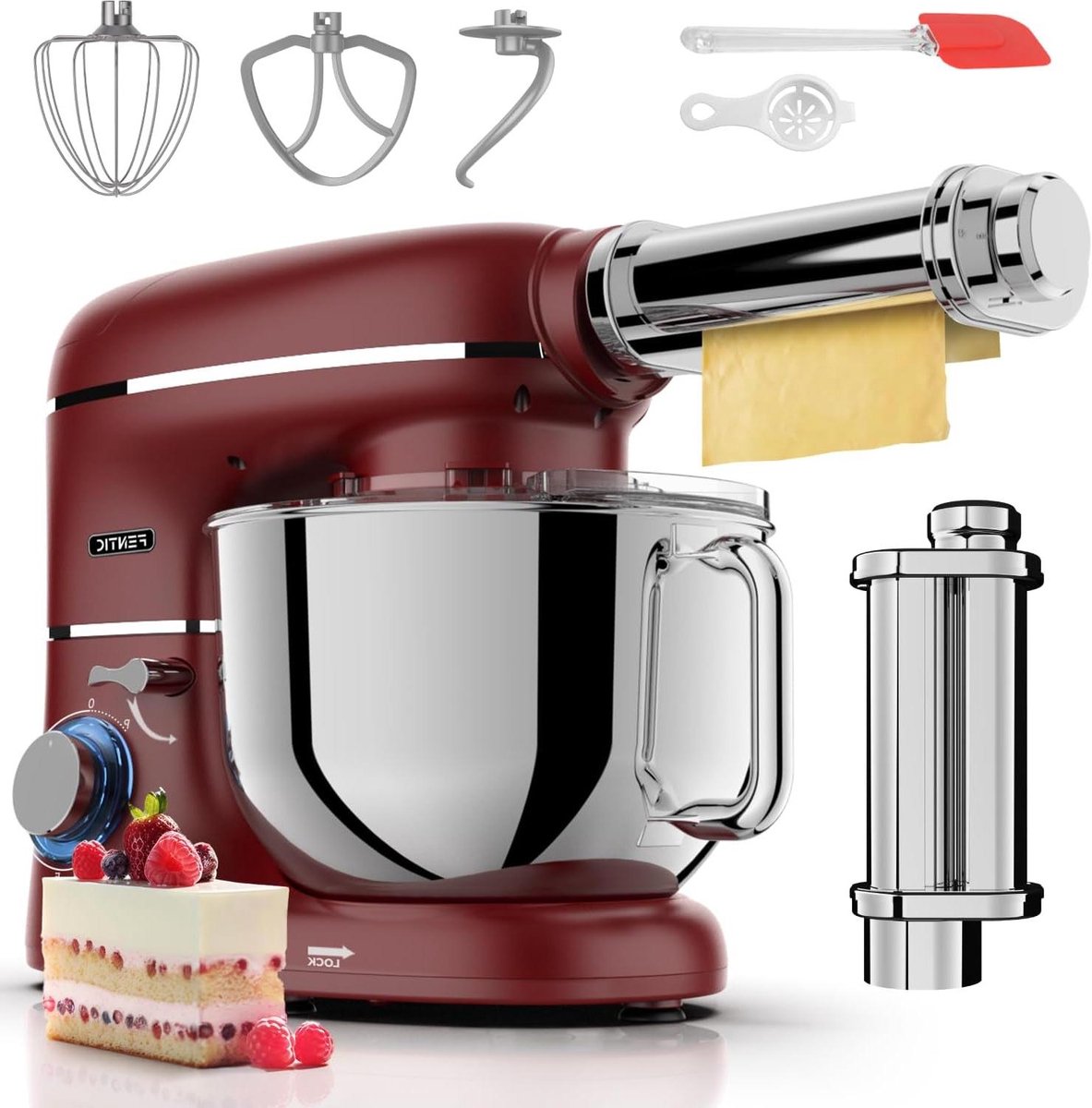 Keukenmachine met Pasta - Keukenrobot Deegmaker - Zelf Pasta Maken - 2000W Krachtige Motor - 62L Mengkom - Rood