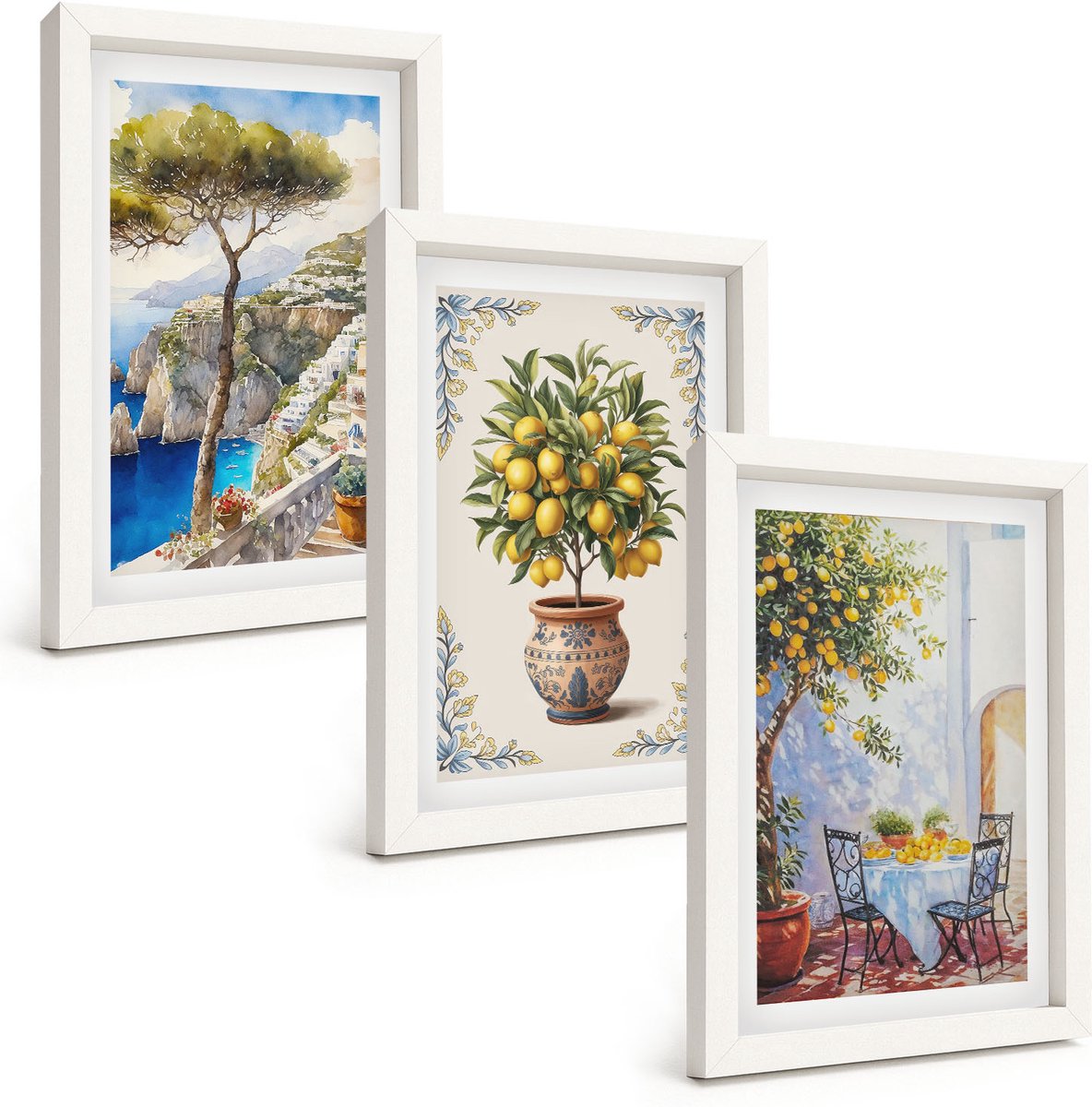 Wallfluent 3-Delige Schilderij Set - Zeezicht Met Citroenboom En Tuintafel - 20 x 30 - Stijlvolle Muurdecoratie - Kantoor - Woonkamer Decoratie