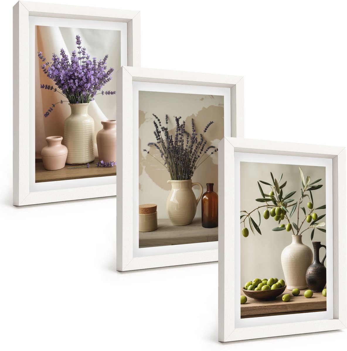 Wallfluent 3-Delige Schilderij Set - Lavendelbloemen, Olijven En Keramische Vazen - 20 x 30 - Wanddecoratie - Schilderijen Set - Interieur - Muurdecoratie