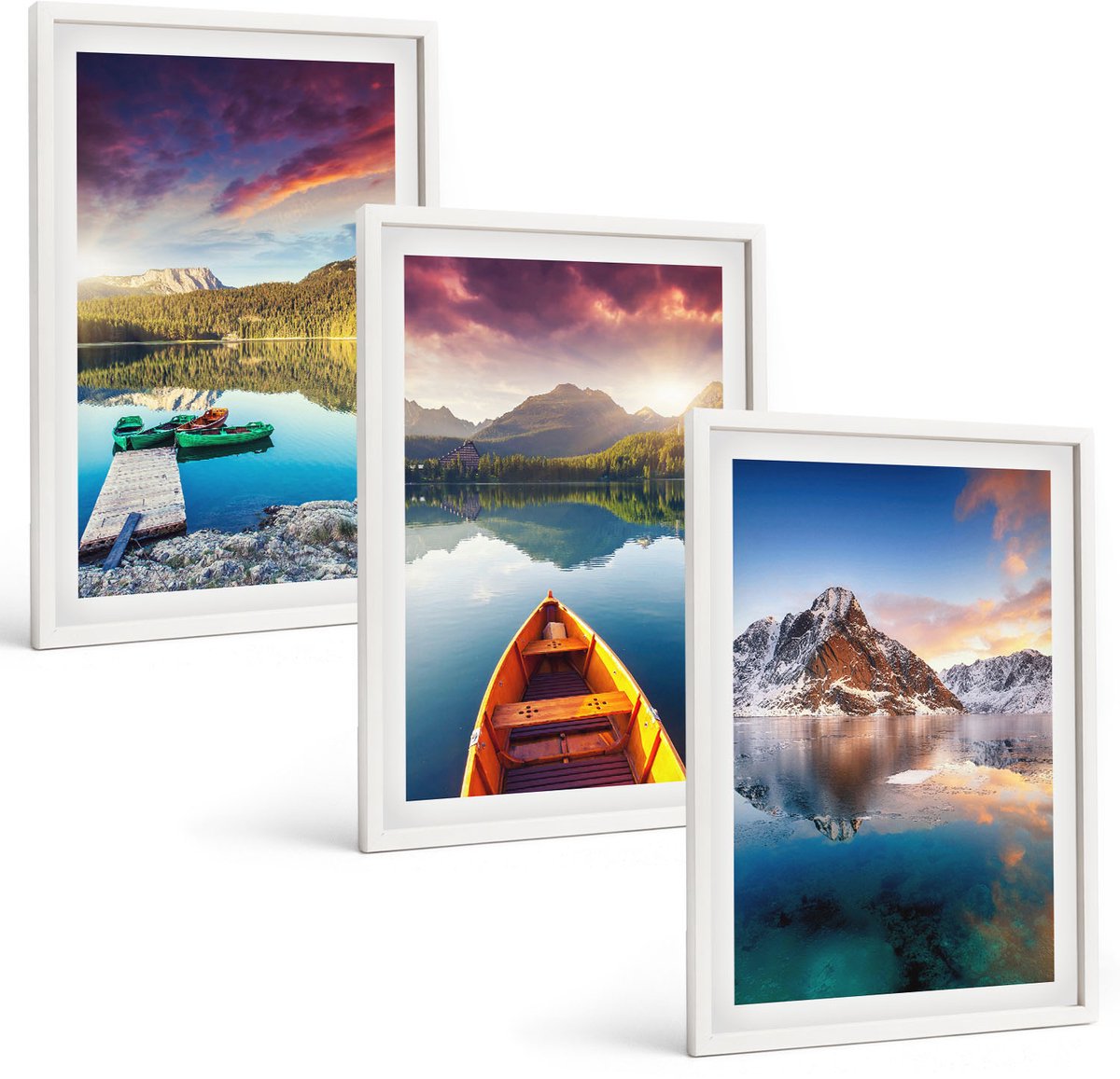 Wallfluent 3-Delige Schilderij Set - Rustige Meren Met Berglandschap En Boot - 40 x 60 - Decoratieve Muurdecoratie - Slaapkamer - Decoratieve Schilderijen