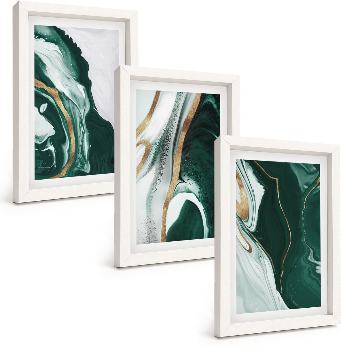 Wallfluent 3-Delige Schilderij Set - Abstracte Verfpatronen In Groen En Wit - 20 x 30 - Wanddecoratie - Muurdecoratie - Moderne Interieurdecoratie - Stijlvolle Muurdecoratie