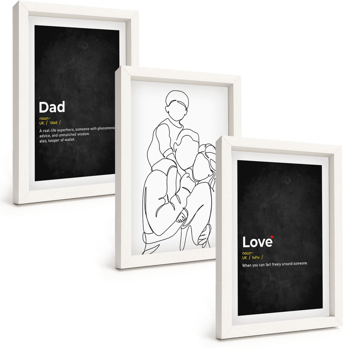 Wallfluent 3-Delige Schilderij Set - Familielijnkunst Met Definities Van Liefde En Vaderschap. - 20 x 30 - Decoratieve Schilderijen - Woonkamer - Interieur - Woonkamer Decoratie