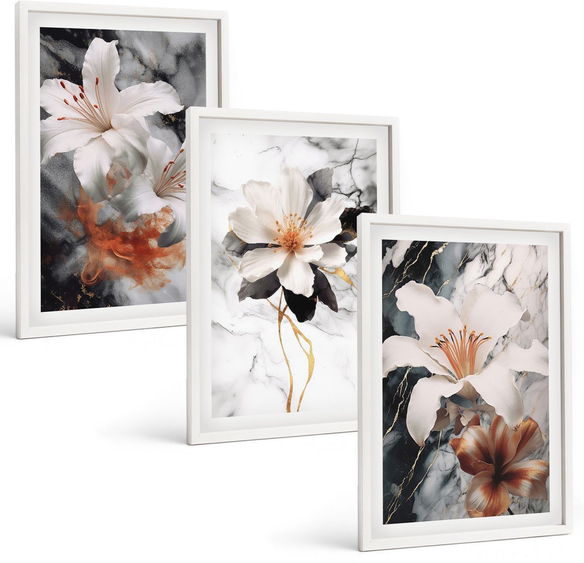 Wallfluent 3-Delige Schilderij Set - Bloemen Op Een Marmeren Achtergrond In Wit- En Zwarttinten. - 40 x 60 - Wanddecoratie - Muurdecoratie - Moderne Interieurdecoratie - Woonkamer Decoratie