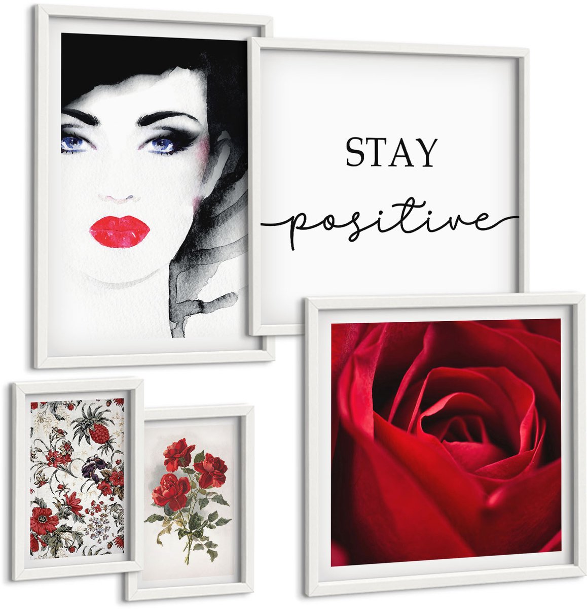 Wallfluent 5-Delige Schilderij Set - Vrouwenportretten En Vintage Bloemen - 50 x 50 cm, 20 x 30 cm En 40 x 60 cm - Wanddecoratie - Schilderijen Set - Kantoor - Interieur Decoratie