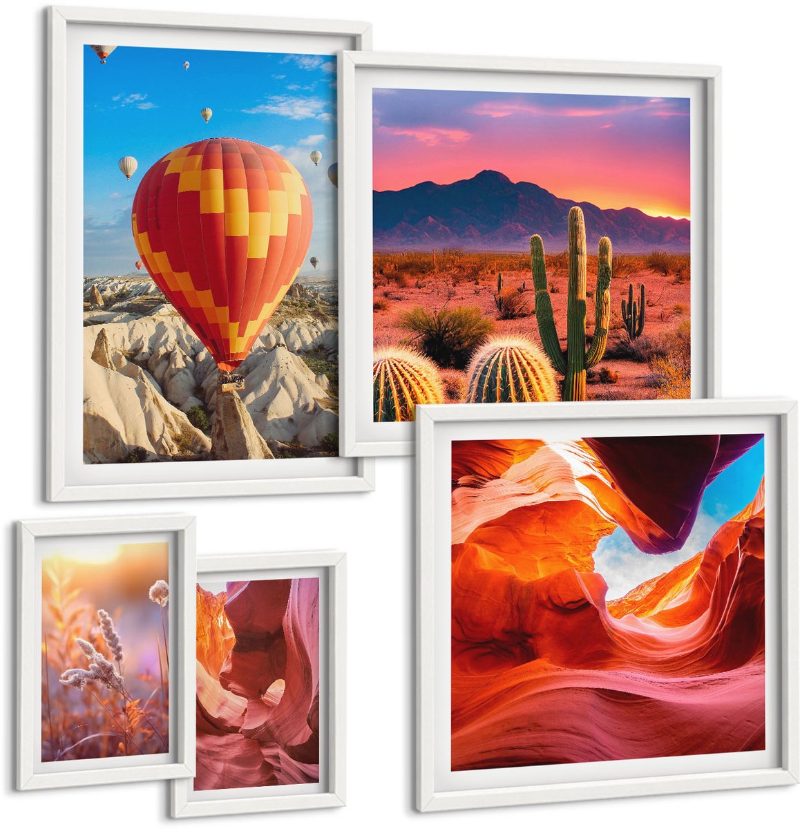 Wallfluent 5-Delige Schilderij Set - Woestijnlandschappen Met Ballonnen En Rotsformaties - 50 x 50 cm, 20 x 30 cm En 40 x 60 cm - Muurdecoratie - Interieur Decoratie - Wanddecoratie