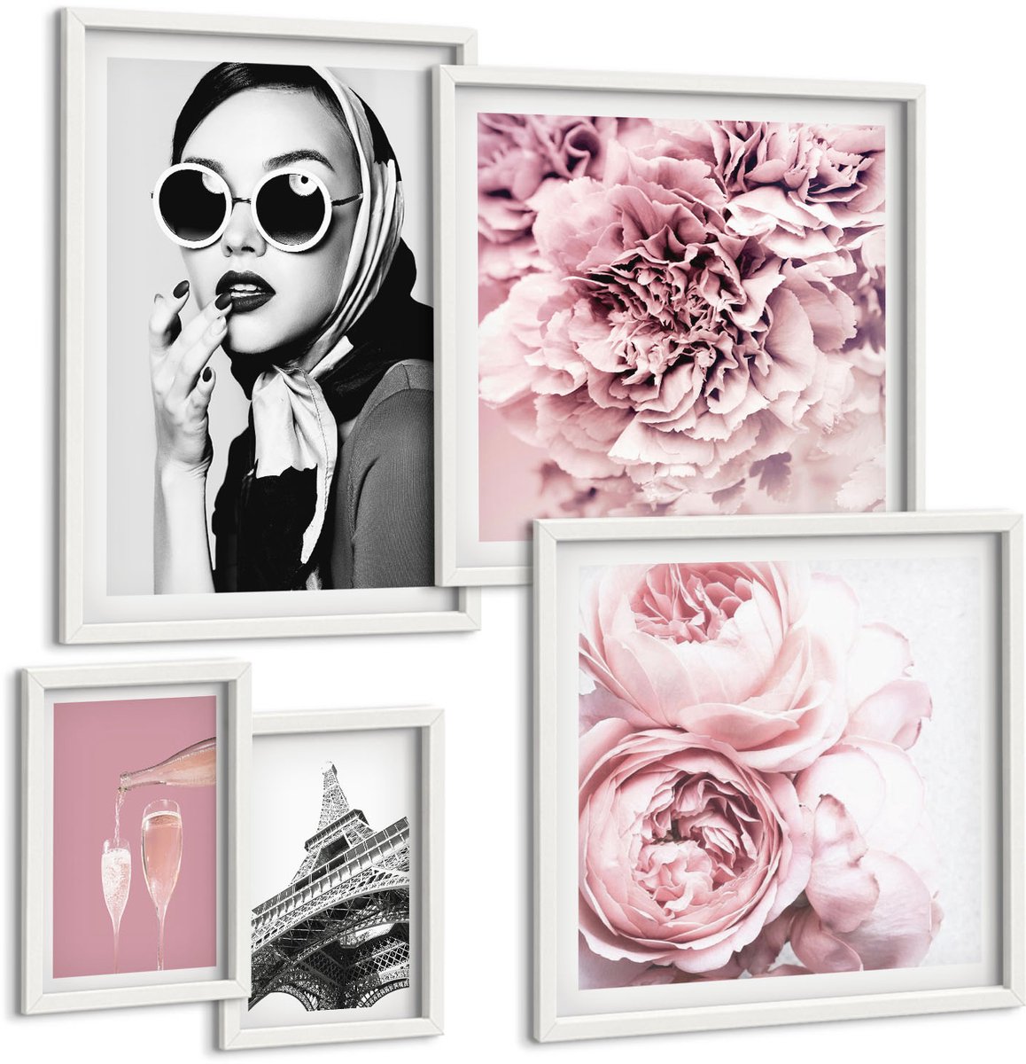 Wallfluent 5-Delige Schilderij Set - Stijlvolle Portretten En Bloemenaccenten In Roze Tinten - 50 x 50 cm, 20 x 30 cm En 40 x 60 cm - Muurdecoratie - Decoratieve Schilderijen - Wohnzimmer - Wanddecoratie