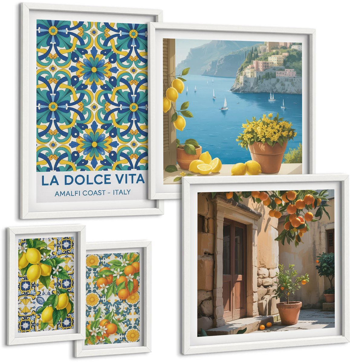Wallfluent 5-Delige Schilderij Set - Italiaanse Inspiratie Van Citrusvruchten En Bloemen Uit Amalfi. - 50 x 50 cm, 20 x 30 cm En 40 x 60 cm - Muurdecoratie - Decoratieve Schilderijen - Wohnzimmer