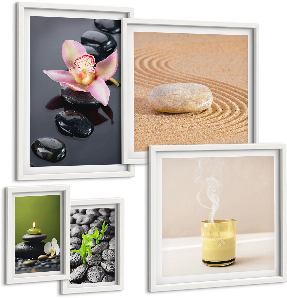 Wallfluent 5-Delige Schilderij Set - Rustgevende Zen-Thema'S Met Stenen En Orchideeën - 50 x 50 cm, 20 x 30 cm En 40 x 60 cm - Wanddecoratie - Moderne Interieurdecoratie - Muurdecoratie