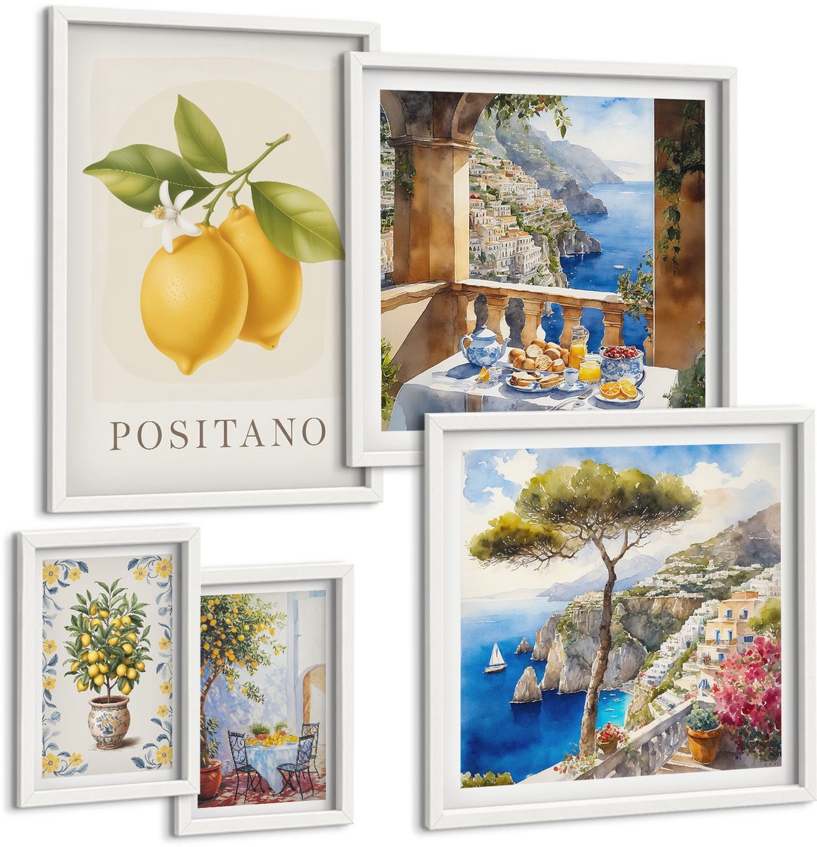 Wallfluent 5-Delige Schilderij Set - Citrusaccenten Met Mediterrane Invloed En Uitzicht Op Zee - 50 x 50 cm, 20 x 30 cm En 40 x 60 cm - Muurdecoratie - Wanddecoratie - Slaapkamer