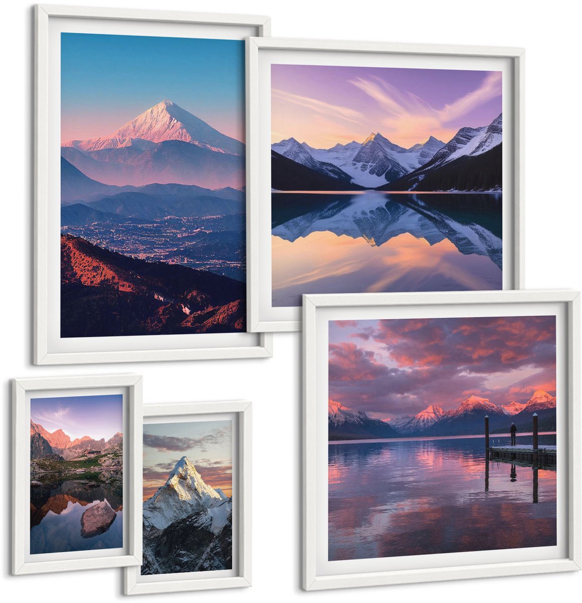 Wallfluent 5-Delige Schilderij Set - Berglandschappen Met Uitzicht Op Pittoreske Bergtoppen - 50 x 50 cm, 20 x 30 cm En 40 x 60 cm - Muurdecoratie - Schilderijen Set - Woonkamer - Stijlvolle Muurdecoratie