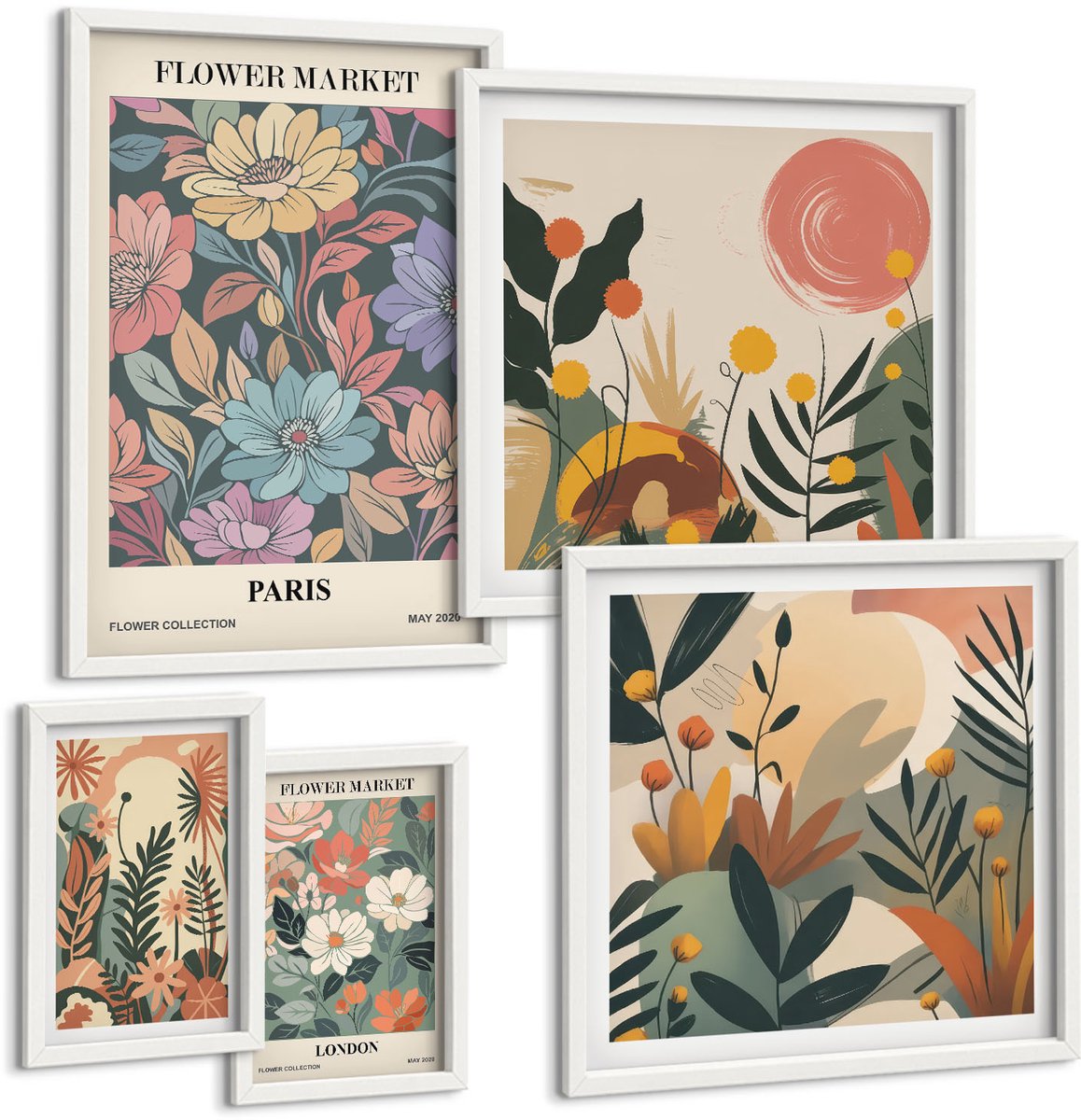 Wallfluent 5-Delige Schilderij Set - Bloemmotieven Van De Markten Van Parijs En Londen - 50 x 50 cm, 20 x 30 cm En 40 x 60 cm - Wanddecoratie - Muurdecoratie - Moderne Interieurdecoratie - Woonkamer Decoratie