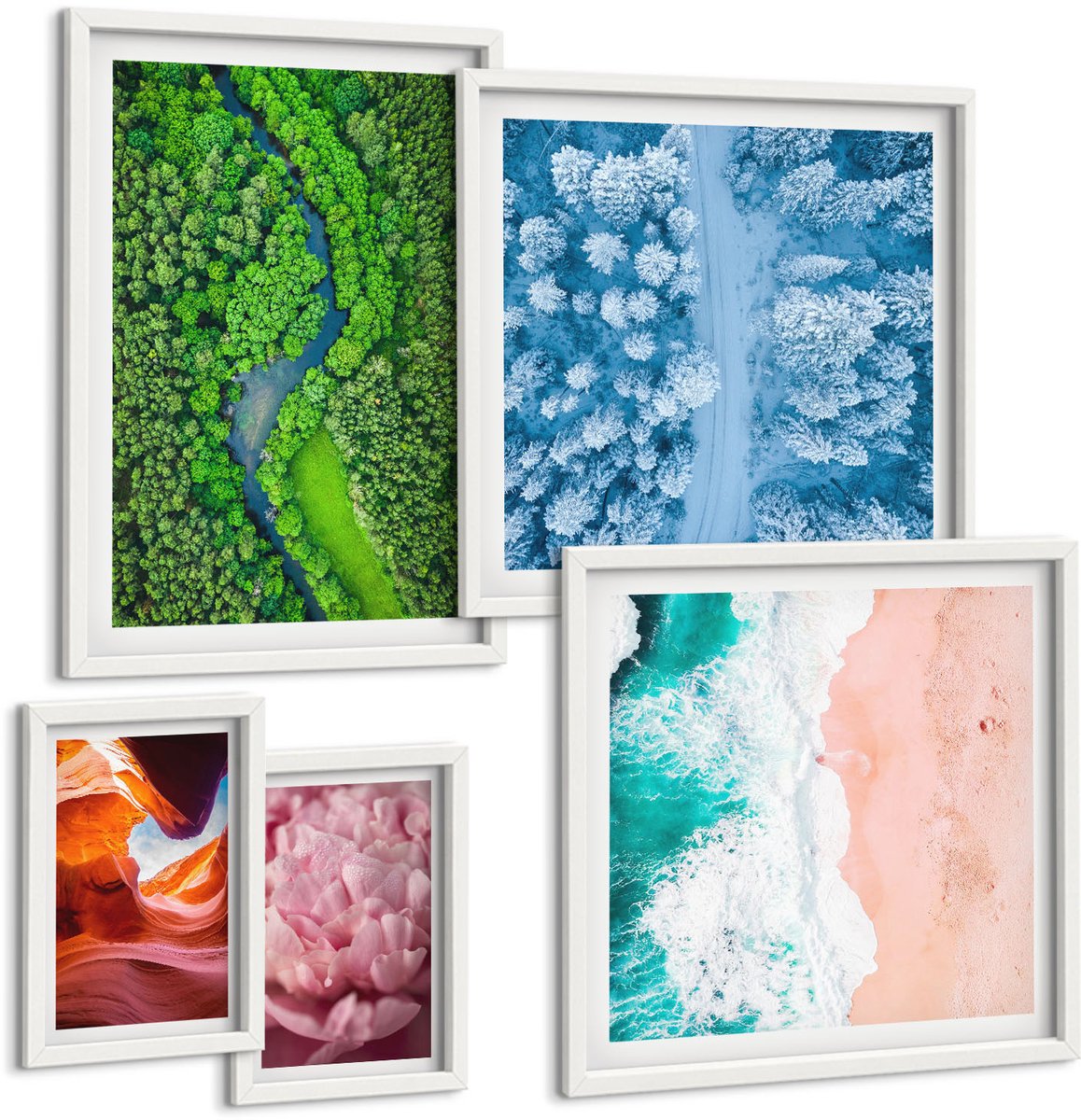 Wallfluent 5-Delige Schilderij Set - Natuurlijke Groene Landschappen In Harmonieuze Combinatie - 50 x 50 cm, 20 x 30 cm En 40 x 60 cm - Schilderijen Set - Wanddecoratie - Woonkamer - Moderne Wanddecoratie