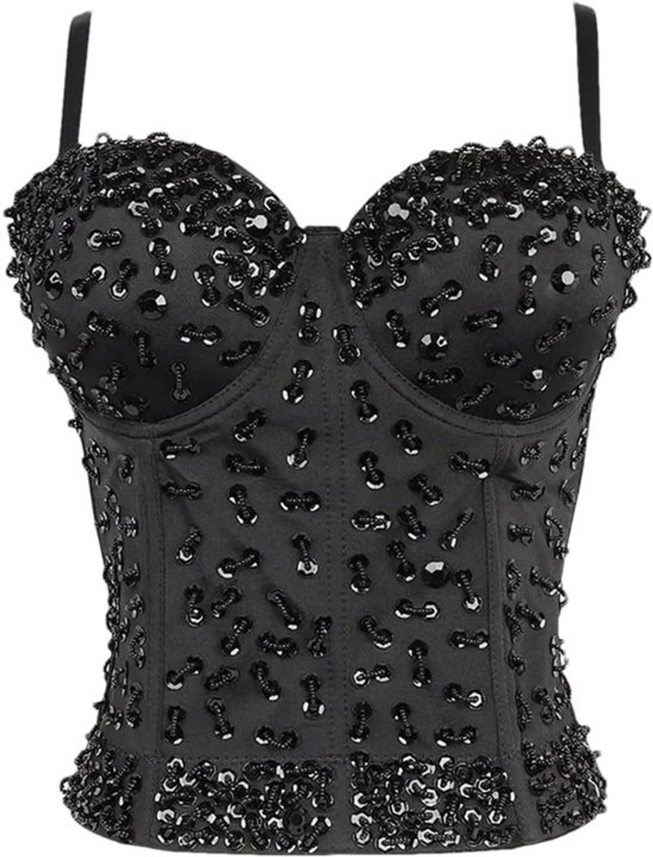 Dames Corset - Glitter Top - Avondfeest - Strass Decoratie - Maat M - Zwart