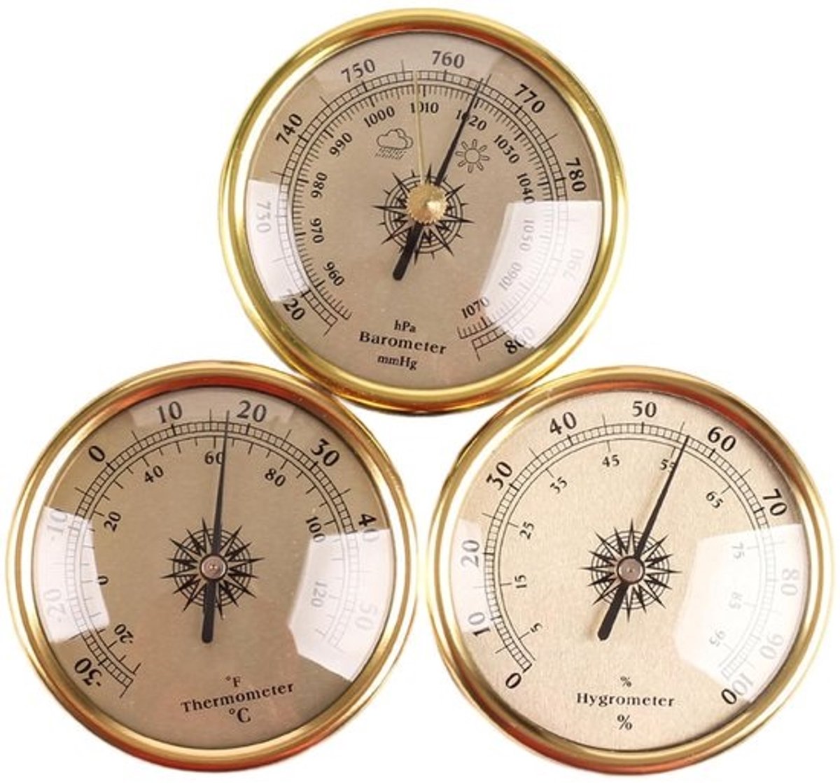 Barometer Set - Weerstation - Weer Voorspellen - Drie Stuks - 7 cm - Goud