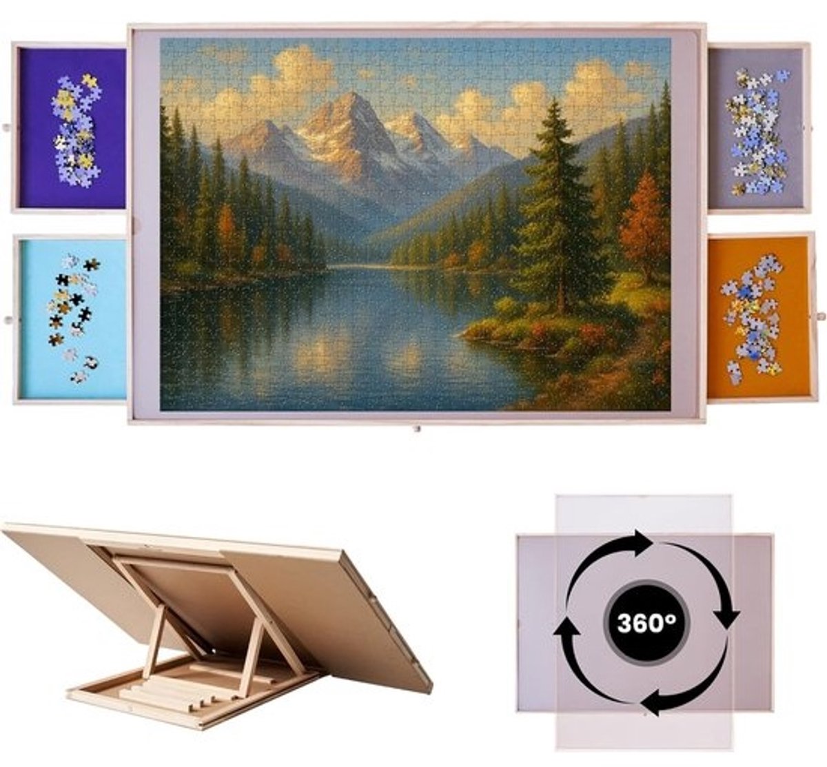 Draaibaar Puzzelbord - Puzzelstation met Laden - Ontspannen Puzzelen - Kantelbaar en Draaibaar - 92 x 65 cm - Beige Wit