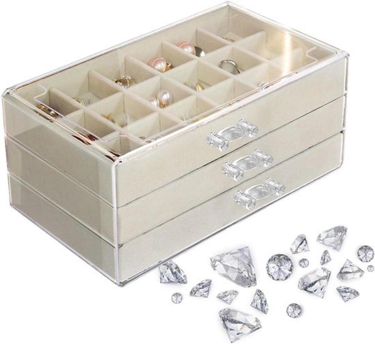Vitrinekast Acryl - Verzameldoos Organizer - Collecties Presenteren - 54 Roosters - 28.5x19.2x15.1 cm - Beige