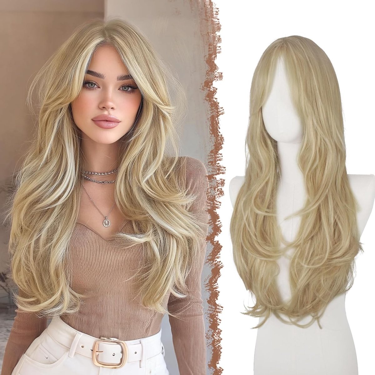 Lange Gelaagde Peruk met Pony voor Vrouwen, Natuurlijke Synthetische Haarperuk voor Dagelijks Gebruik, Feest en Cosplay, 65cm Vies Blond