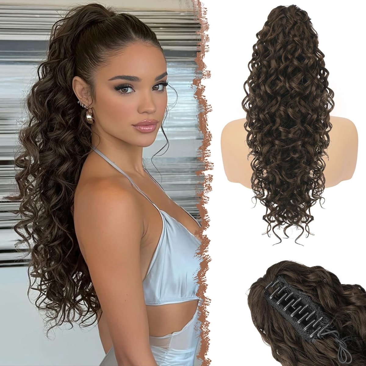 Lang Krullend Ponytail Extension - Donkerbruin Wavy Haarstuk voor Vrouwen, 65cm Natuurlijke Synthetische Haarsystemen, Perfect voor Feestjes en Dagelijks Gebruik