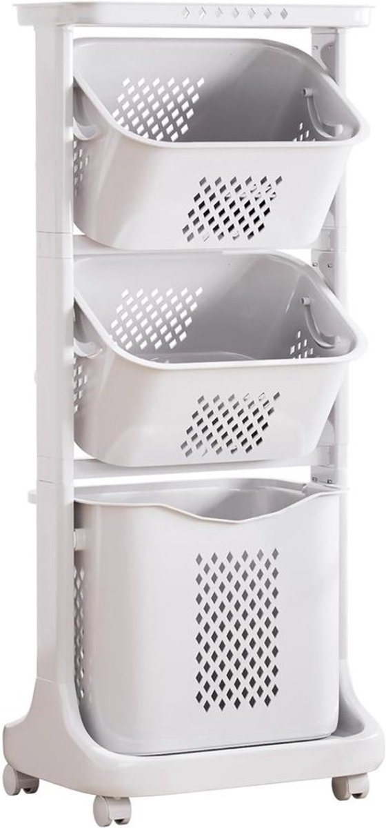 Wasmand op wielen - Kledingopslag - Organiseren en sorteren - 4 verdiepingen met 3 manden - 109x33x44 cm - beige