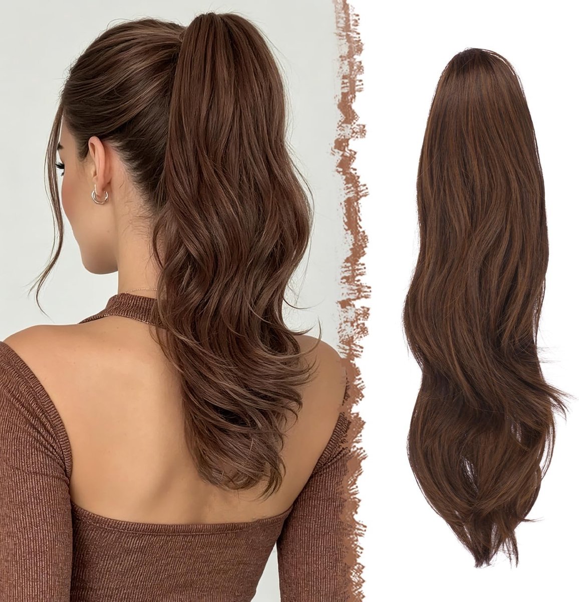 Natuurlijke Golvende Kruidige Ponytail Extensions met Trekkoord, Donkerbruin & Roodbruin Haarstuk van 50 cm voor Vrouwen, Perfect voor Feestjes en Dagelijks Gebruik