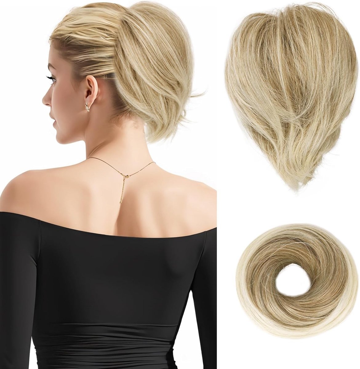 Korte Ponytail Bun Haarverlenging, Synthetische Haarstuk voor Dames - Gemengd Blond en Bleekblond met Elastische Scrunchie voor een Natuurlijke Look