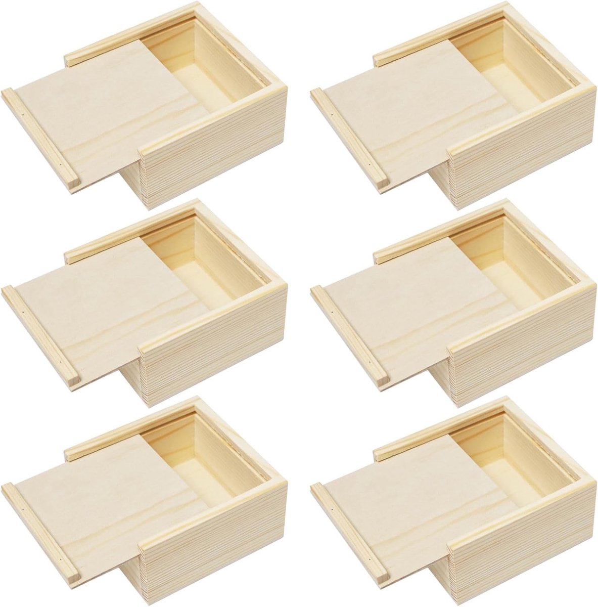 Set van 6 kleine houten doosjes met schuifdeksel, ideaal voor opslag en decoratie, 10 x 10 x 2 cm