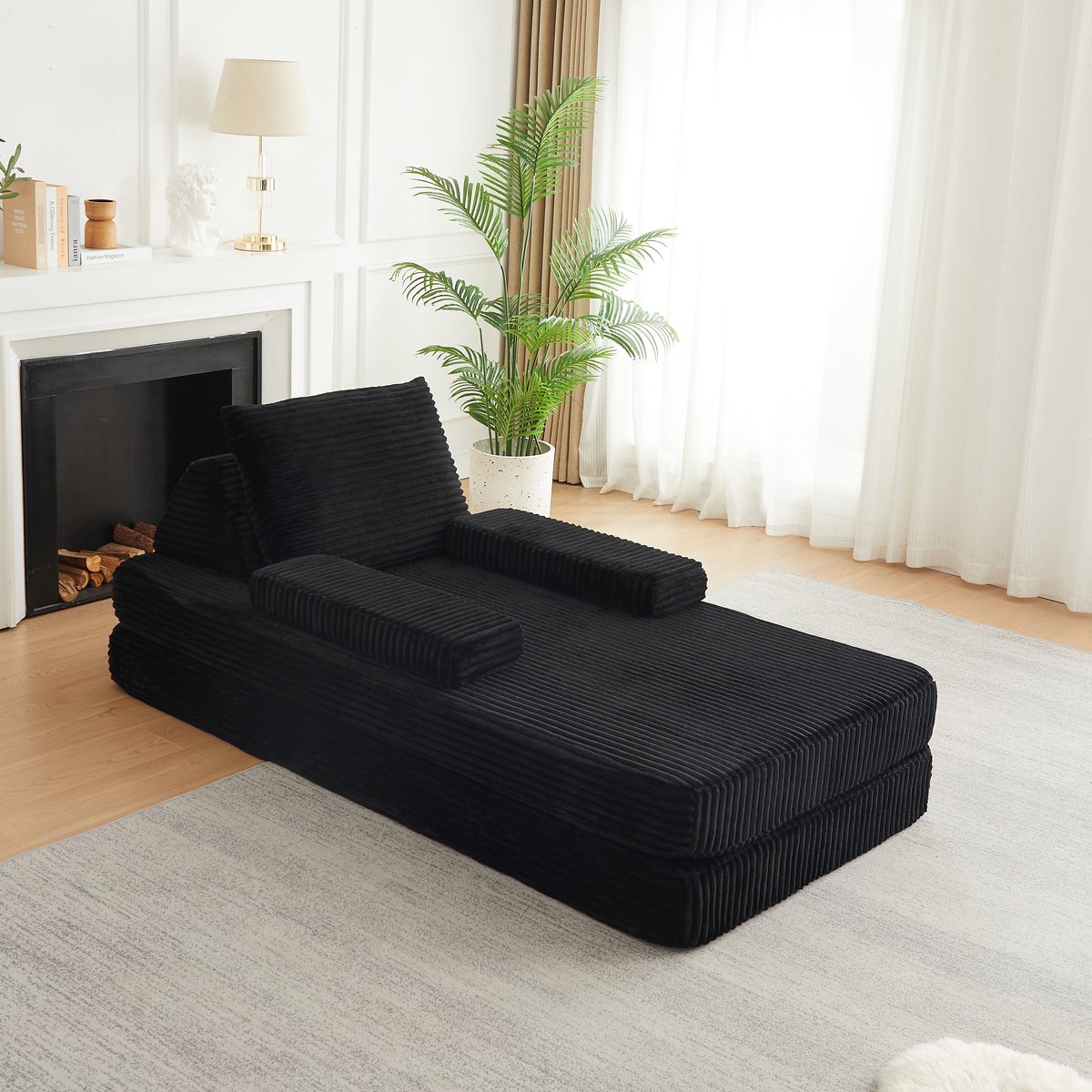 MODENUIT Slaapbank 211 cm - Modulaire Bank Met 2 Kussens En Verstelbare Armleuningen - Zwart Corduroy