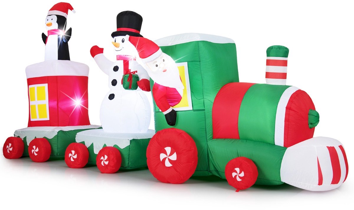 SureDeal® - Opblaasbare kerstfigur - Kerstman Rijdt Trein - Sneeuwpop Kerstversiering - Tuin Kersttrein - 350x120x177 cm - Veelkleurig