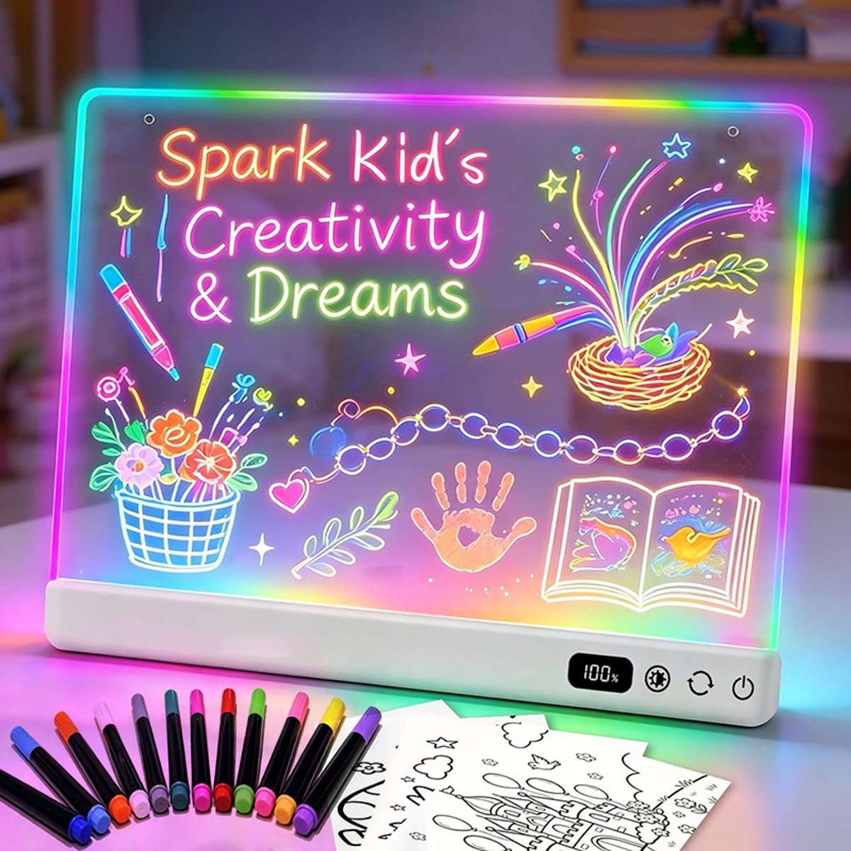 LED-lichttekenbord - 15 lichttrucs - voor creatief tekenen - oplaadbaar gloeibord - voor kinderen - meerkleurig - 1 stuk