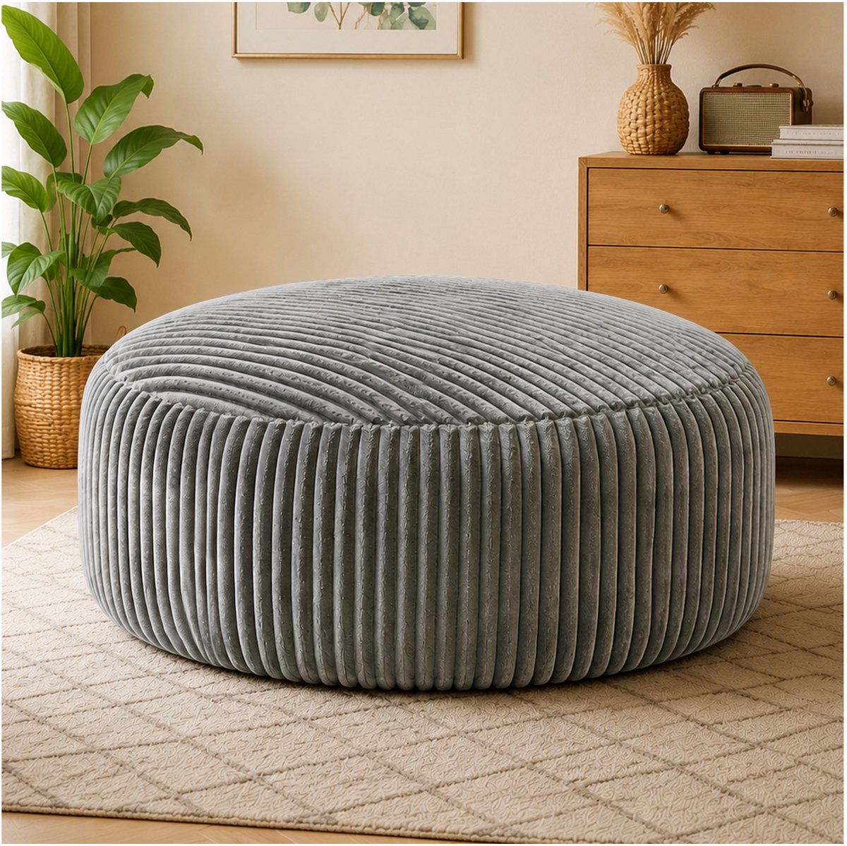 COVREO Zitzak 143x143x55 cm lichtgrijs ribstof - memory foam - ronde loungestoel voor binnen