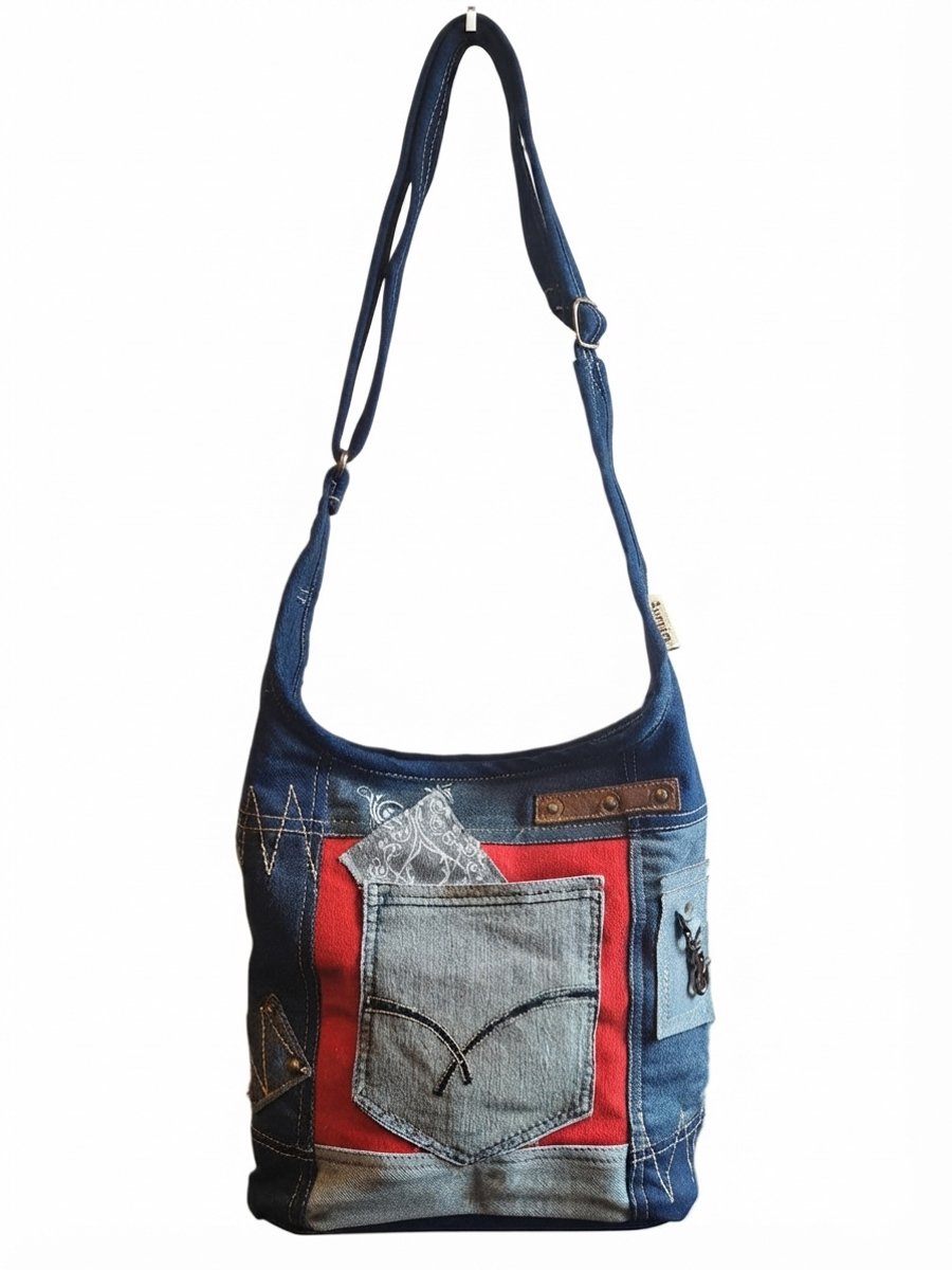 Sunsa-Tas-Hobo-Denim-Canvas-Leer-gerecyclede jeans-dames-heren-Retro-Vintage-Streetwear-32cmx32cmx9cm-Denim/Red