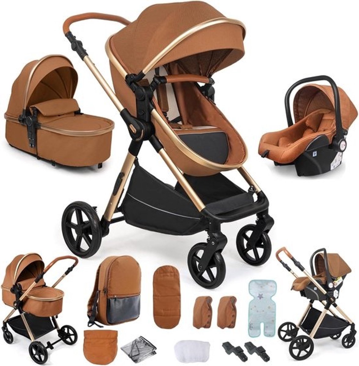 3-in-1 Kinderwagen - Reissysteem Babybuggy - Baby Vervoeren - Omkeerbare Duwrichting - Compact Opvouwbaar - Karamel