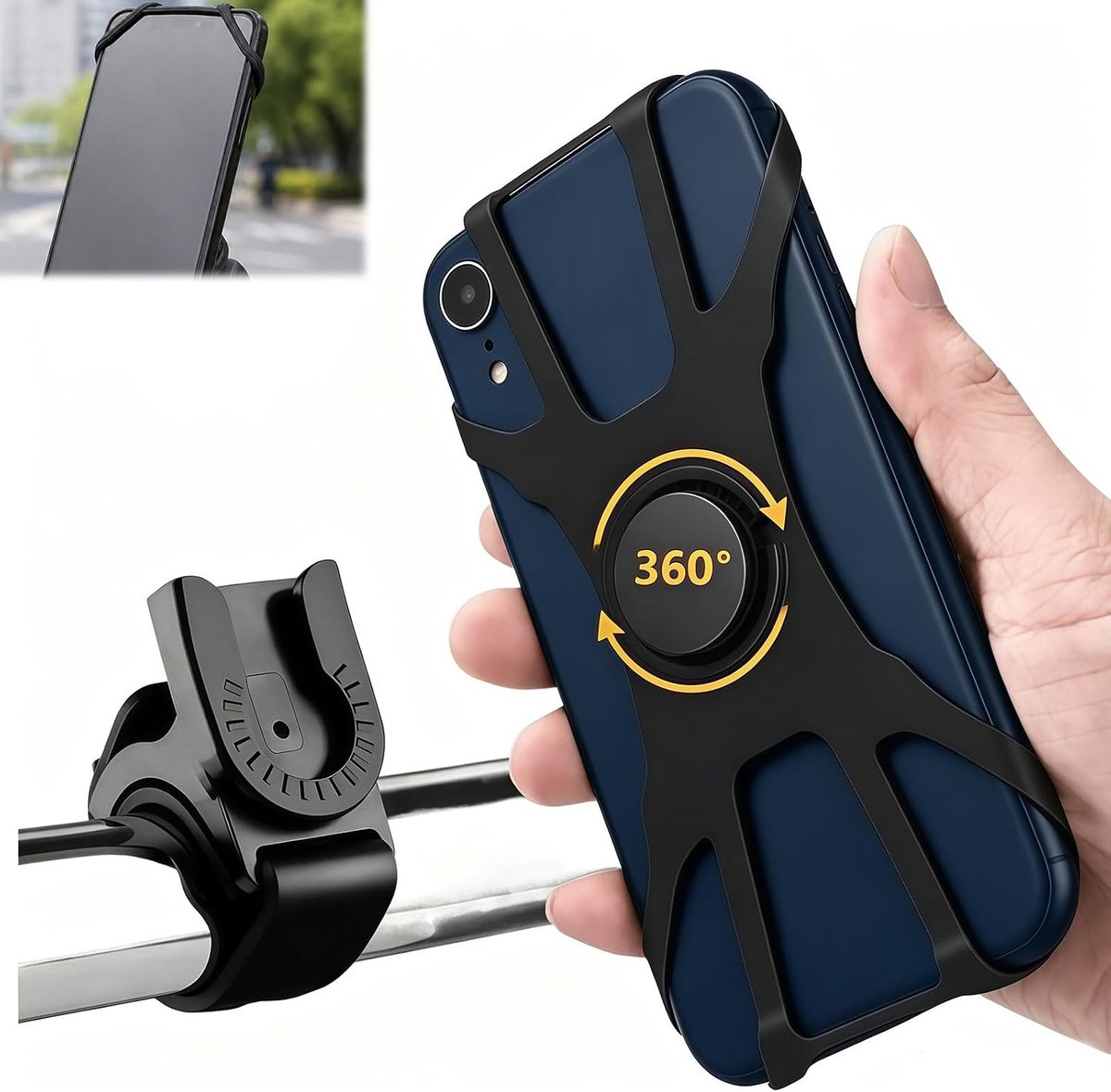Robuuste telefoonhouder voor fiets en motorfiets met schokabsorptie, 360 graden rotatie en eenvoudige installatie voor smartphones van 4 - 7,5 inch