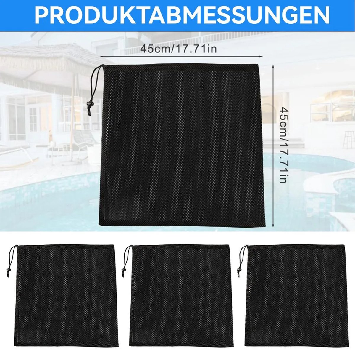 Waterfilterzakken Geschikt voor pompen, set van 4, 45 x 45 cm, duurzaam, fijnmazig, herbruikbaar, Geschikt voor vijvers, zwembaden en aquariums, eenvoudig te monteren.