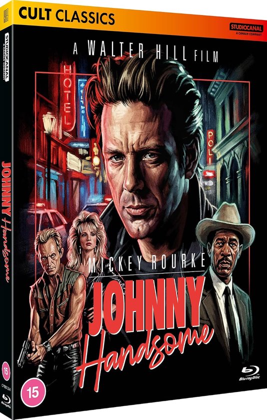 Blu-ray hoes van Johnny Handsome met Mickey Rourke in close-up, geflankeerd door drie andere personages. De titel staat in rode letters.