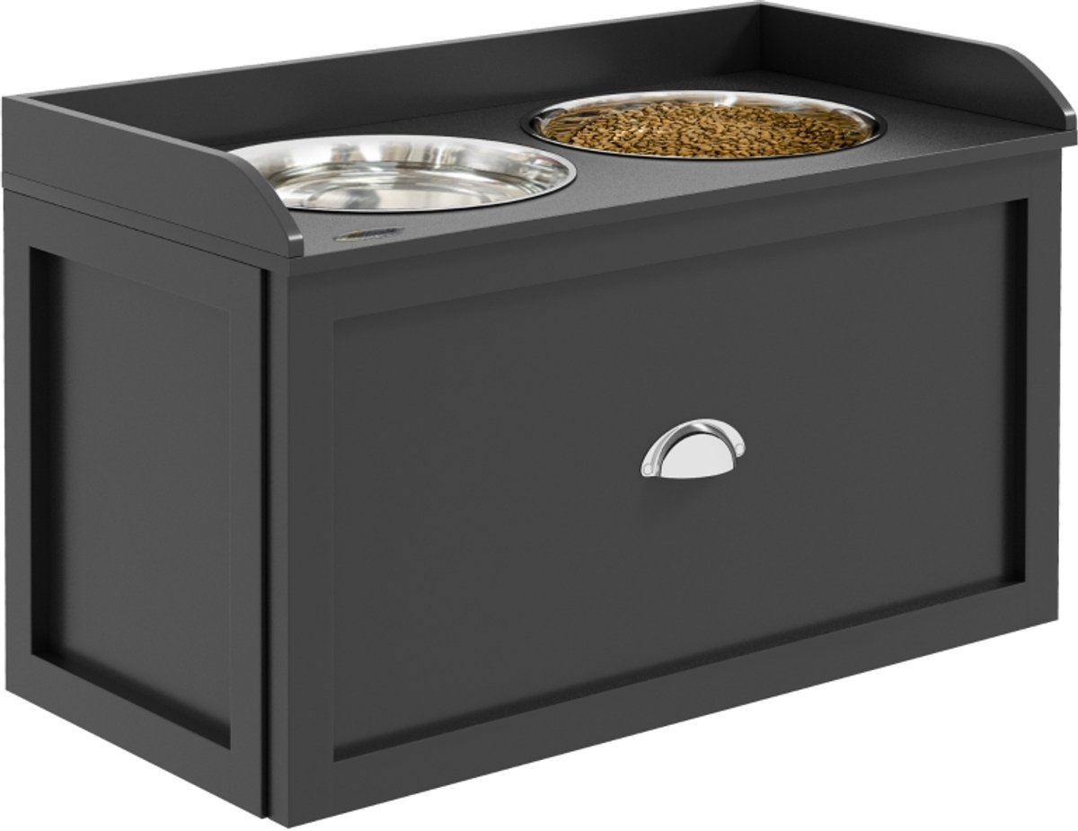 Voerbak-Voerstation‑2‑voerbakken‑per‑stuk‑2l‑roestvrij‑staal‑met‑lade‑grote‑honden‑zwart‑zilver‑60x30x36cm