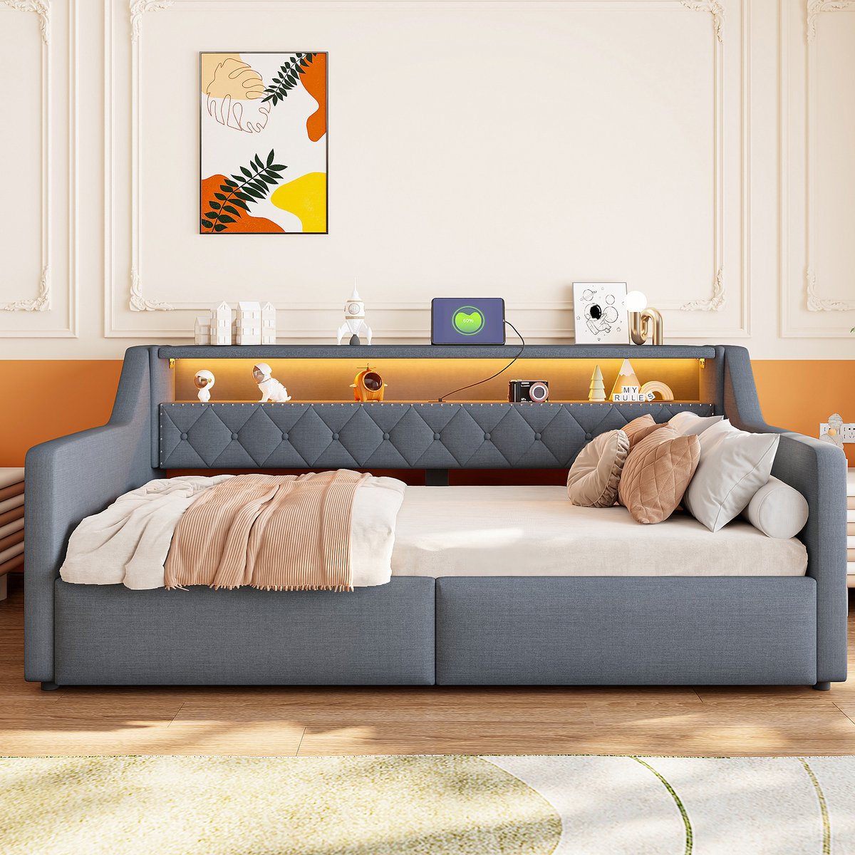 VVBV Slaapbank 1 Persoons 90x200 – Daybed van Linnen met Hydraulische Opbergruimte, Lades, Opberghoofdbord, LED-Verlichting, USB en USB-C – Grijs