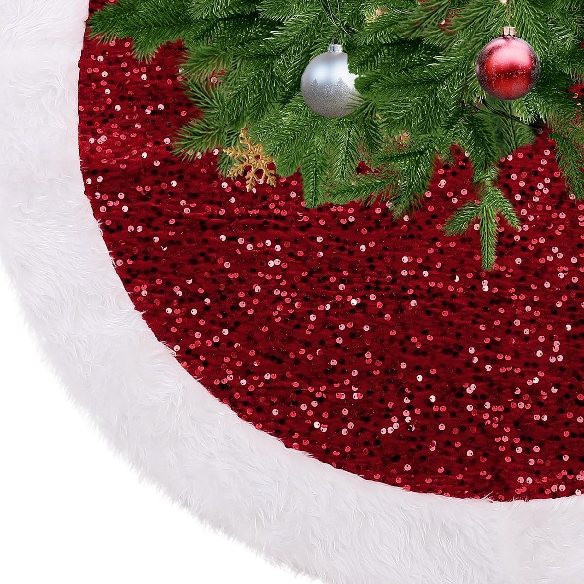Rode Kerstboomrok met Sequins en Fluffy Dikke Nepbont - Kerstboom Mat en Dekentje voor de Feestdagen
