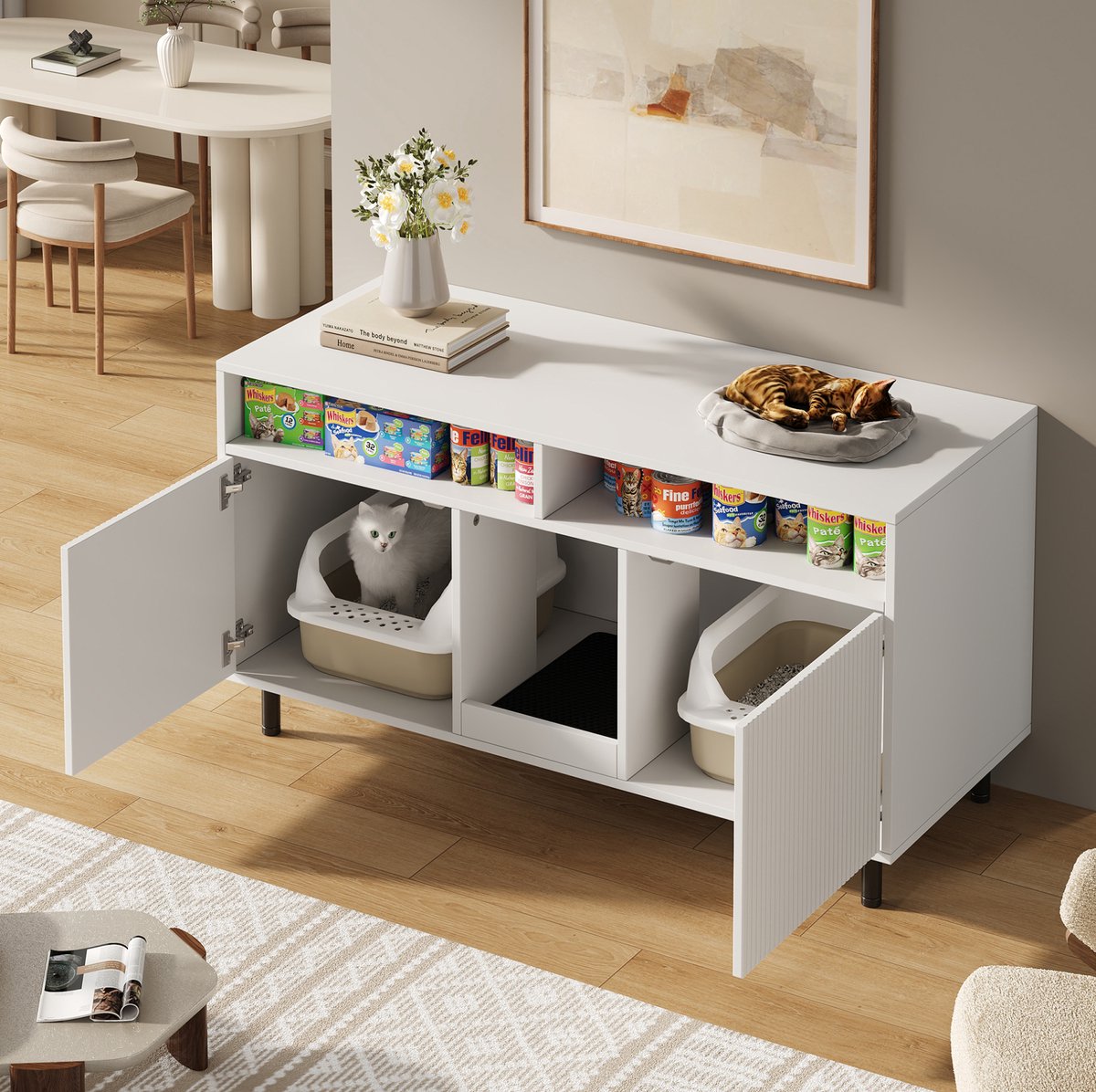 REDOM - Kattenbak kast - Dubbele deuren - Met open vakken - Met zandvangmat - Dressoir - Woonkamer en hal - MDF - Wit - 120 x 50 x 66 cm